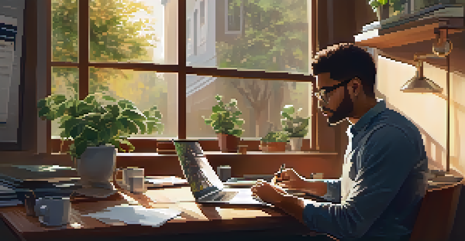 A person analyzing user feedback data on a laptop in a cozy workspace filled with plants and warm lighting.