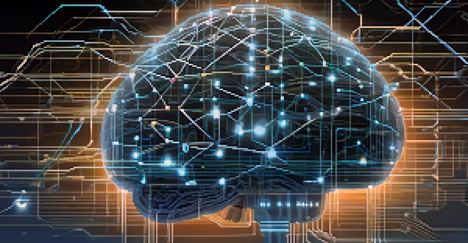 An abstract illustration of a digital brain with interconnected nodes and glowing lines, surrounded by cloud icons, representing AI enhancing cloud security.