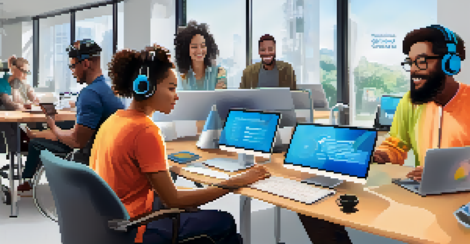 A diverse group of people, including individuals with disabilities, using various digital devices in a bright modern office, showcasing inclusive technology design.