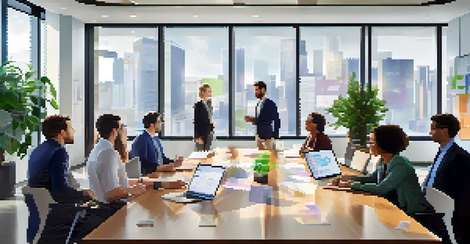 A diverse group of professionals collaborating in a well-lit modern office, discussing data governance metrics around a large conference table.
