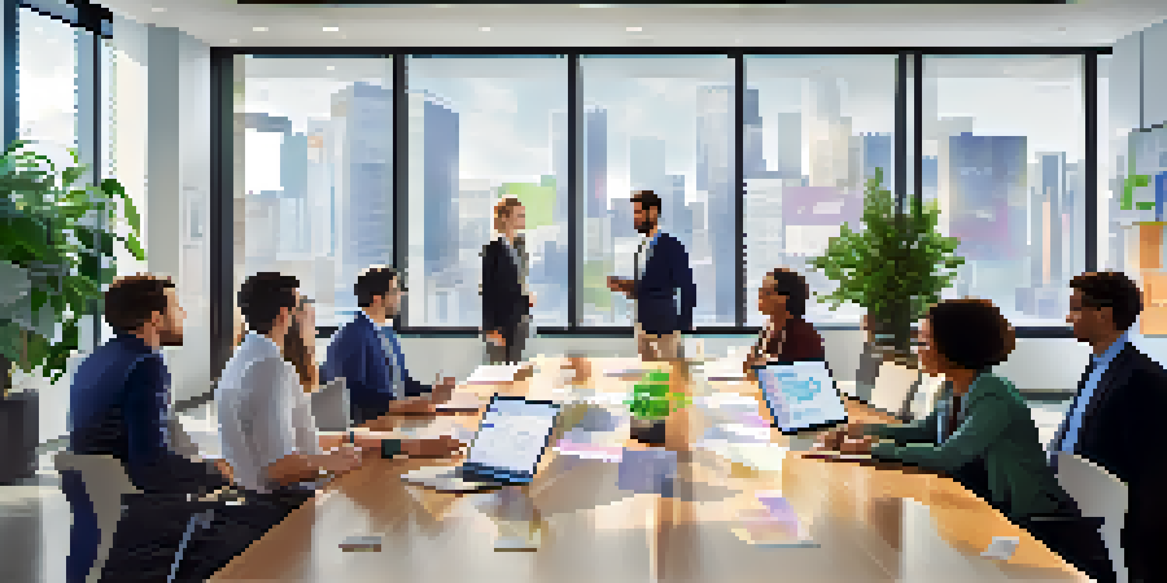 A diverse group of professionals collaborating in a well-lit modern office, discussing data governance metrics around a large conference table.
