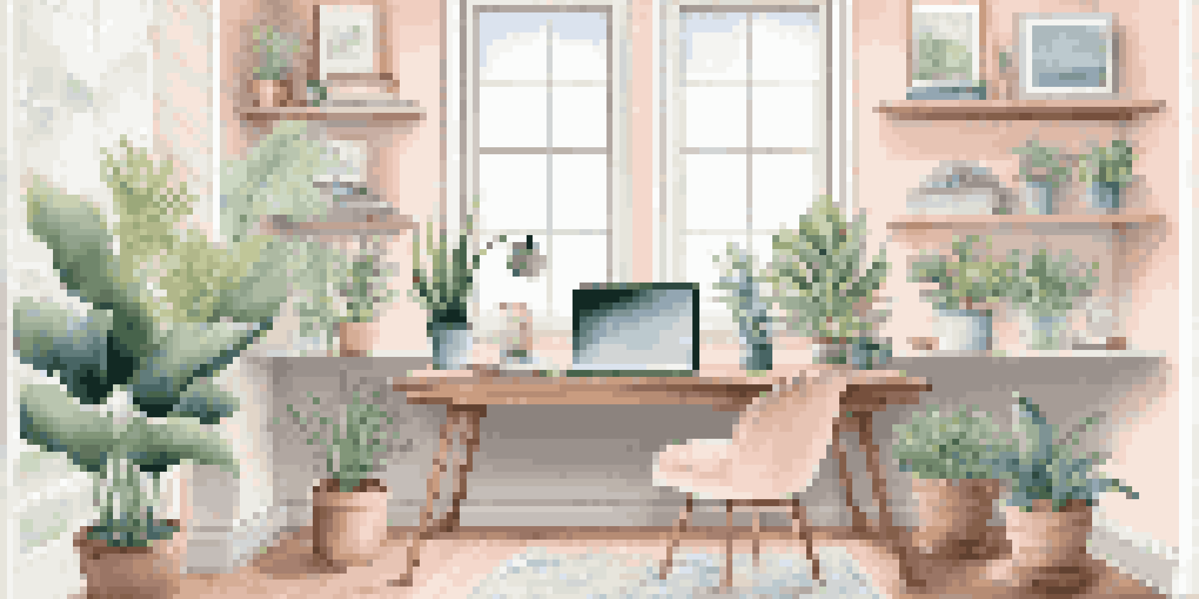 A bright and inviting home office with a laptop on a desk, potted plants, and natural light streaming through a window.