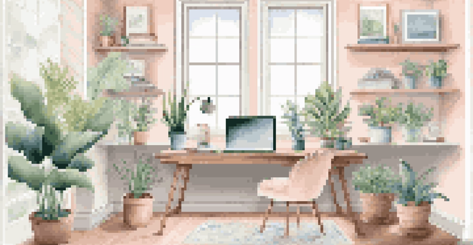 A bright and inviting home office with a laptop on a desk, potted plants, and natural light streaming through a window.