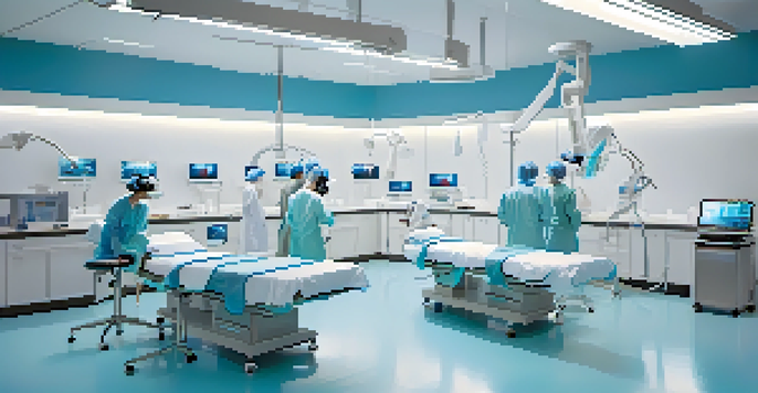 A medical training room with students using virtual reality headsets to practice surgery, surrounded by high-tech equipment and anatomical displays.