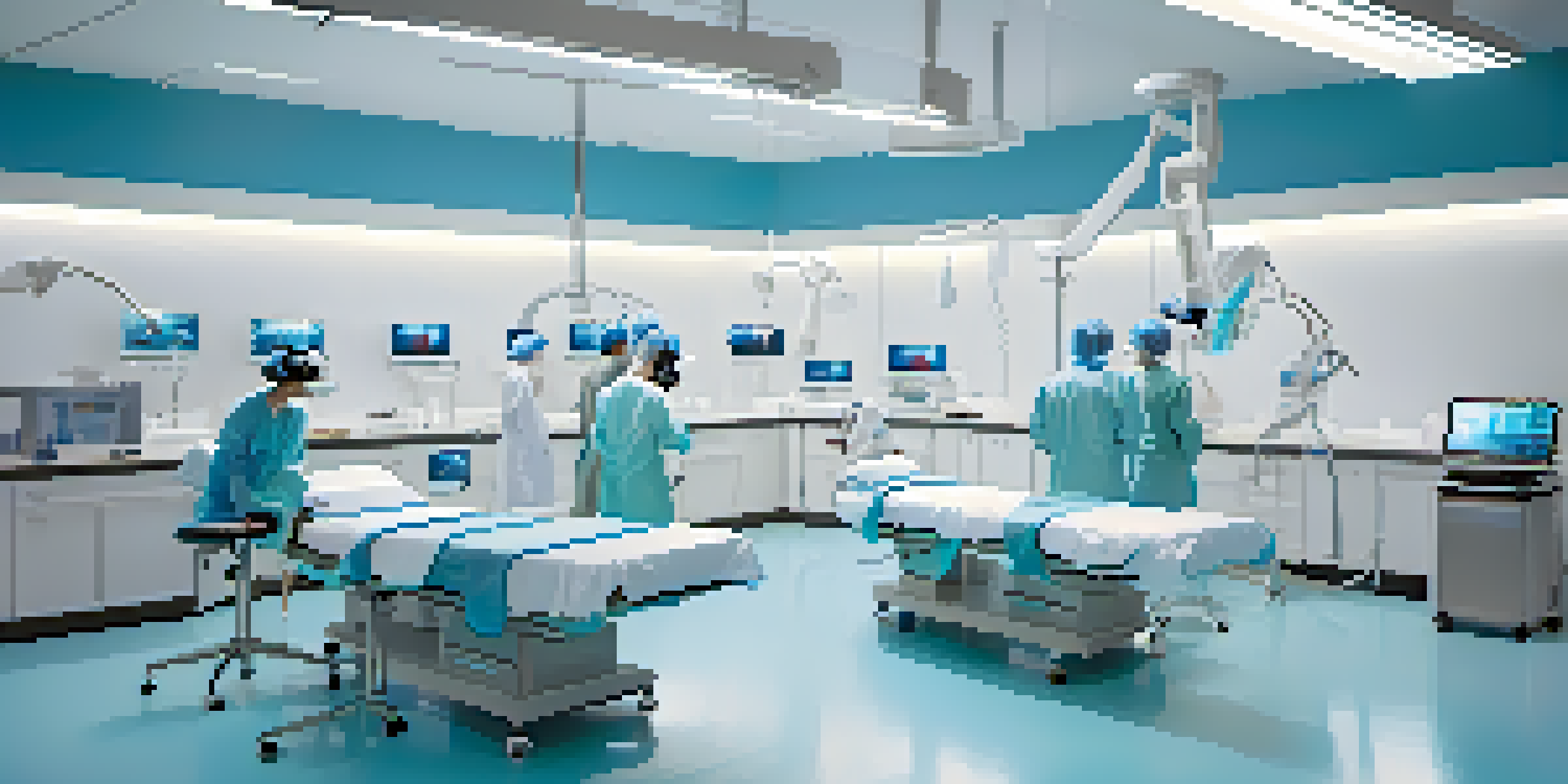 A medical training room with students using virtual reality headsets to practice surgery, surrounded by high-tech equipment and anatomical displays.