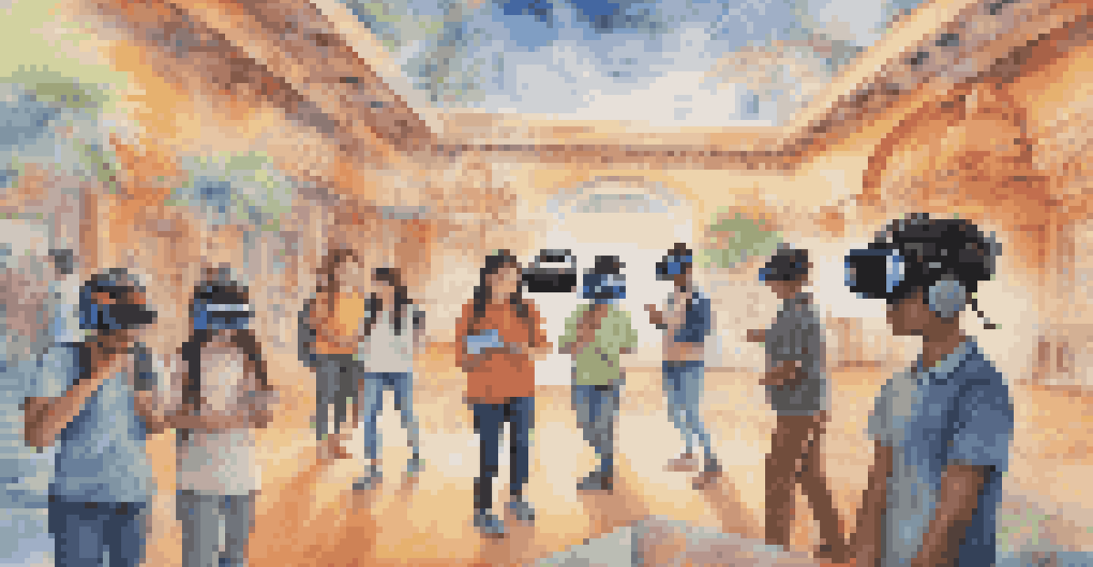 Students wearing virtual reality headsets experiencing different cultures, surrounded by colorful representations of cultural landmarks and activities, illustrating an engaging learning environment.