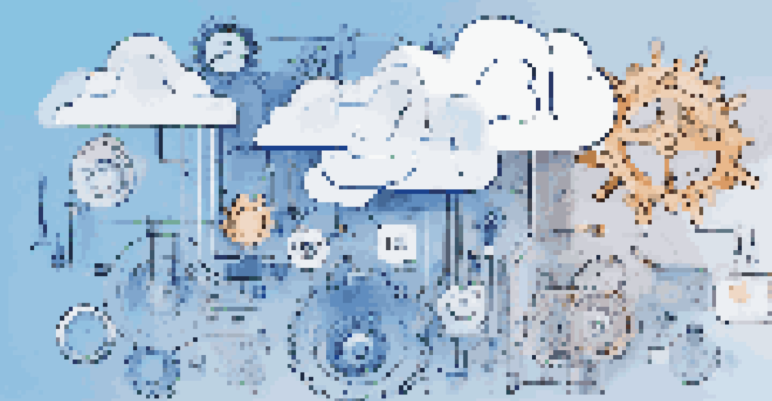 An abstract image showing cloud icons connected by data streams and automation symbols, set against a blue and white gradient background.