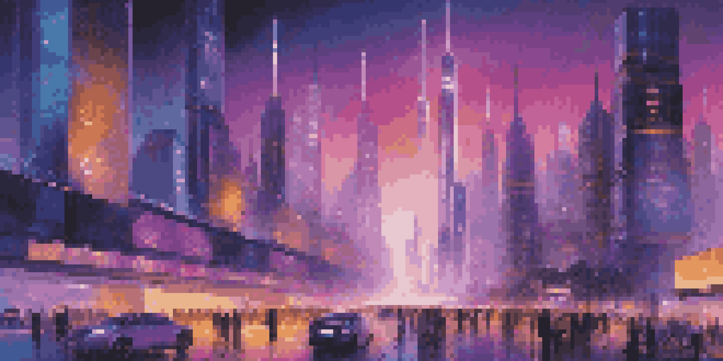 A panoramic view of a futuristic city skyline with glowing quantum technology symbols and vibrant sunset colors, depicting a technologically advanced society.