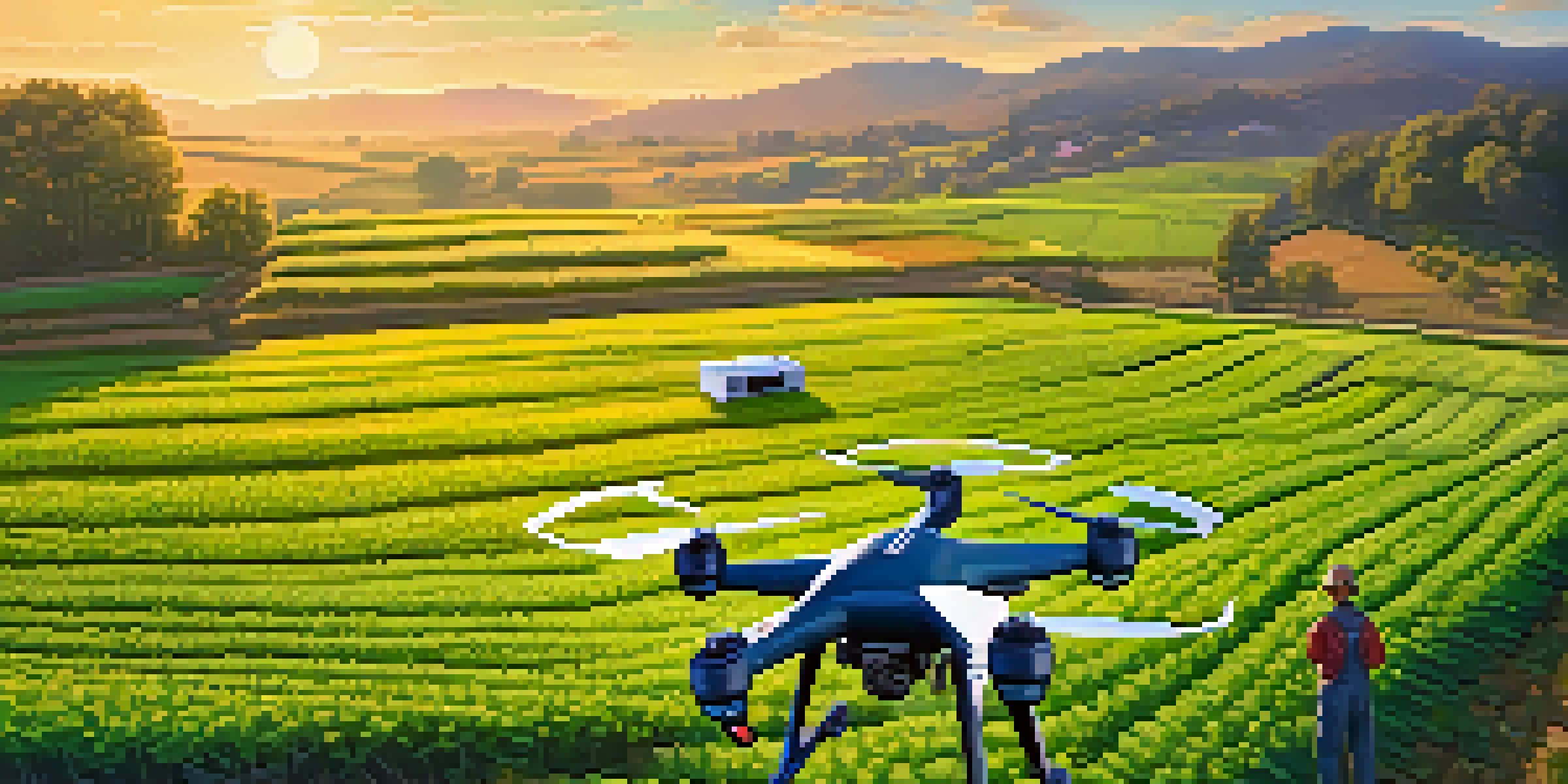A farmer using a drone to monitor green fields, with IoT sensors in the soil and a scenic sunset in the background.
