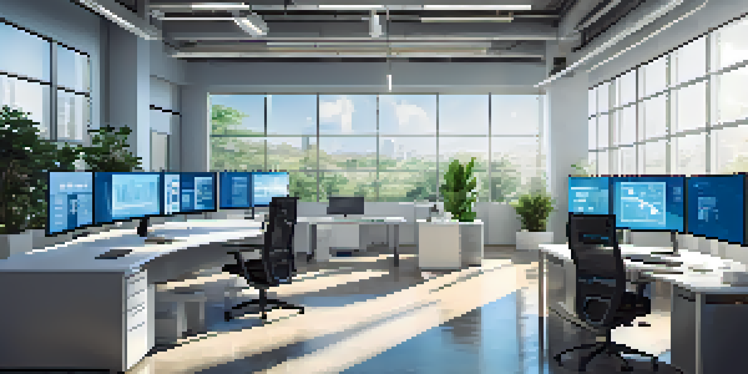 A modern office with multiple screens showing data analytics and AI algorithms, bright natural light, and plants.