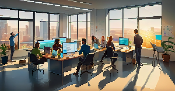 A diverse software development team collaborating in a bright office, surrounded by laptops and sticky notes.