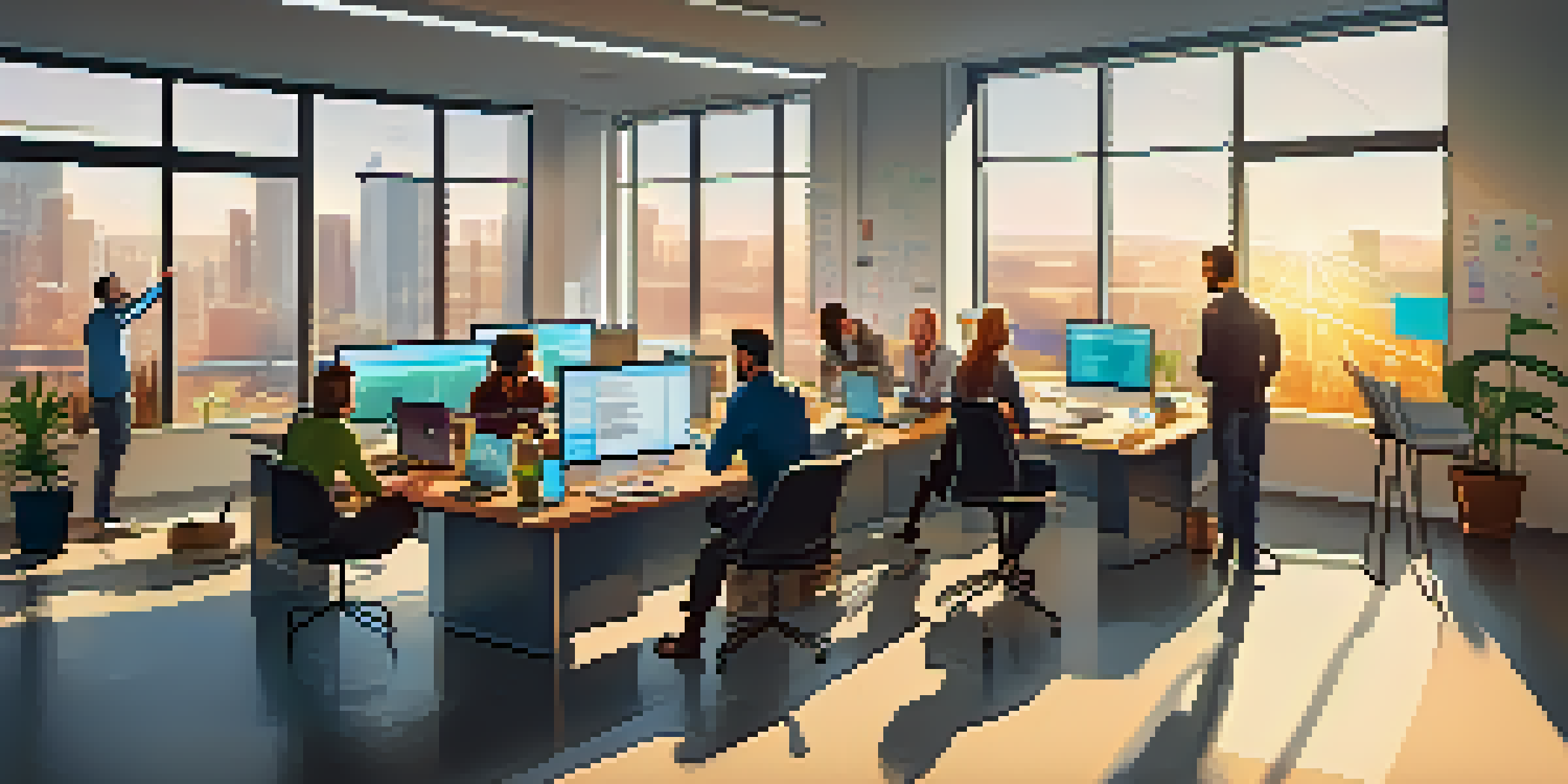 A diverse software development team collaborating in a bright office, surrounded by laptops and sticky notes.