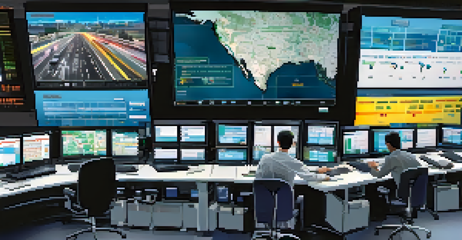 Close-up of a modern traffic management control center with screens showing real-time data and technicians monitoring the city traffic.
