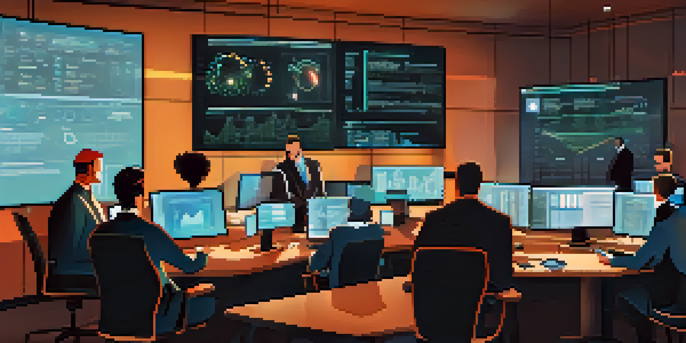 A diverse team of professionals collaborating on a cybersecurity audit, with laptops and documents on the table and a large screen displaying security analytics.