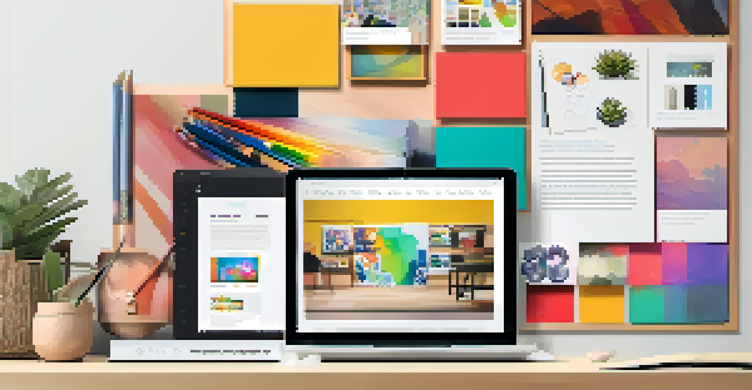 A computer screen displaying a colorful creative portfolio website with artwork and photography, surrounded by art supplies and sketchbooks.