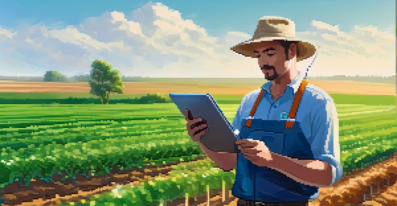A farmer in a green field using a tablet to monitor irrigation systems, with crops and soil sensors visible. A clear blue sky enhances the agricultural landscape.