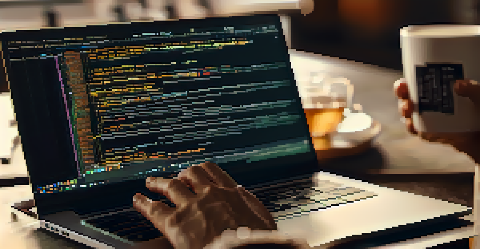 A close-up of hands typing on a laptop keyboard with code on the screen, surrounded by sticky notes and coffee.