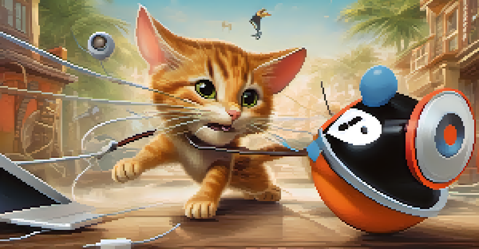 A cartoon scene depicting a cat and mouse symbolizing DRM and piracy, with digital content elements in the background.
