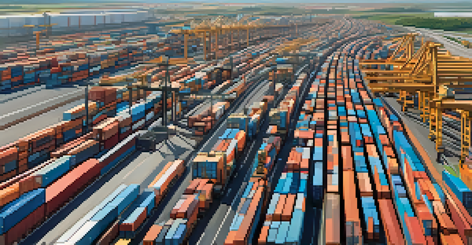 Aerial view of a logistics hub with trucks and containers, displaying predictive analytics data overlays.