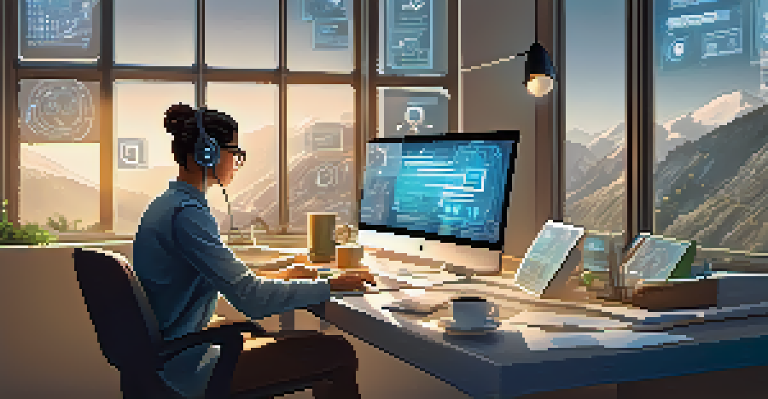 A person working on a laptop in a bright office, with digital security symbols and quantum graphics displayed on the screen.