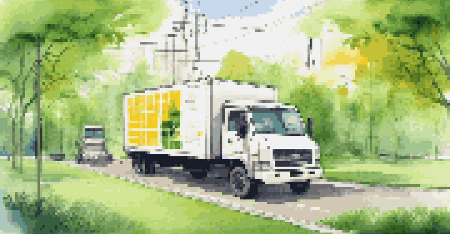 A delivery truck with solar panels parked in a green environment, symbolizing sustainability in supply chain automation, with infographics showing energy savings.