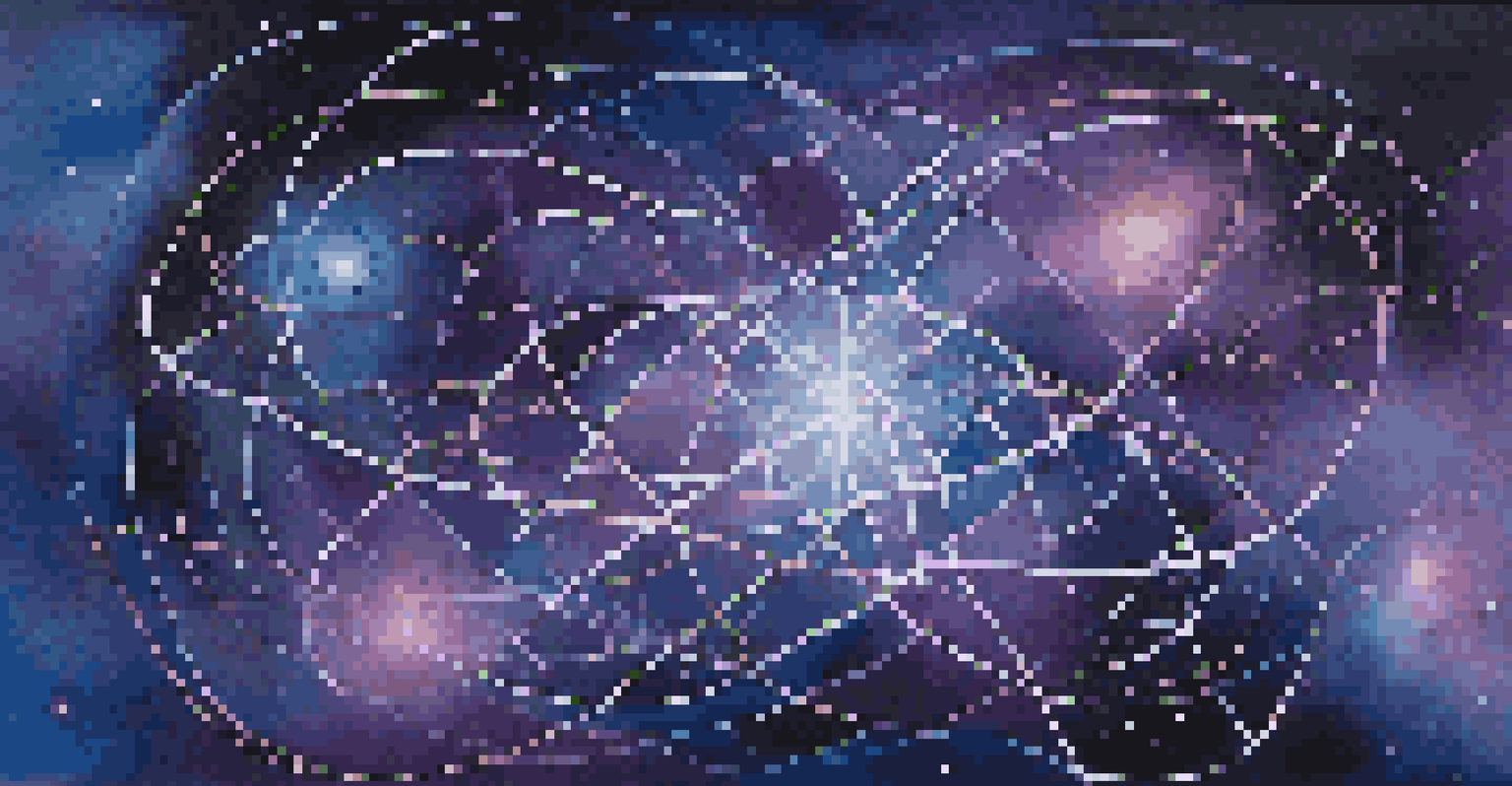 An abstract image of quantum entanglement with glowing particles and energy waves against a dark starry background.