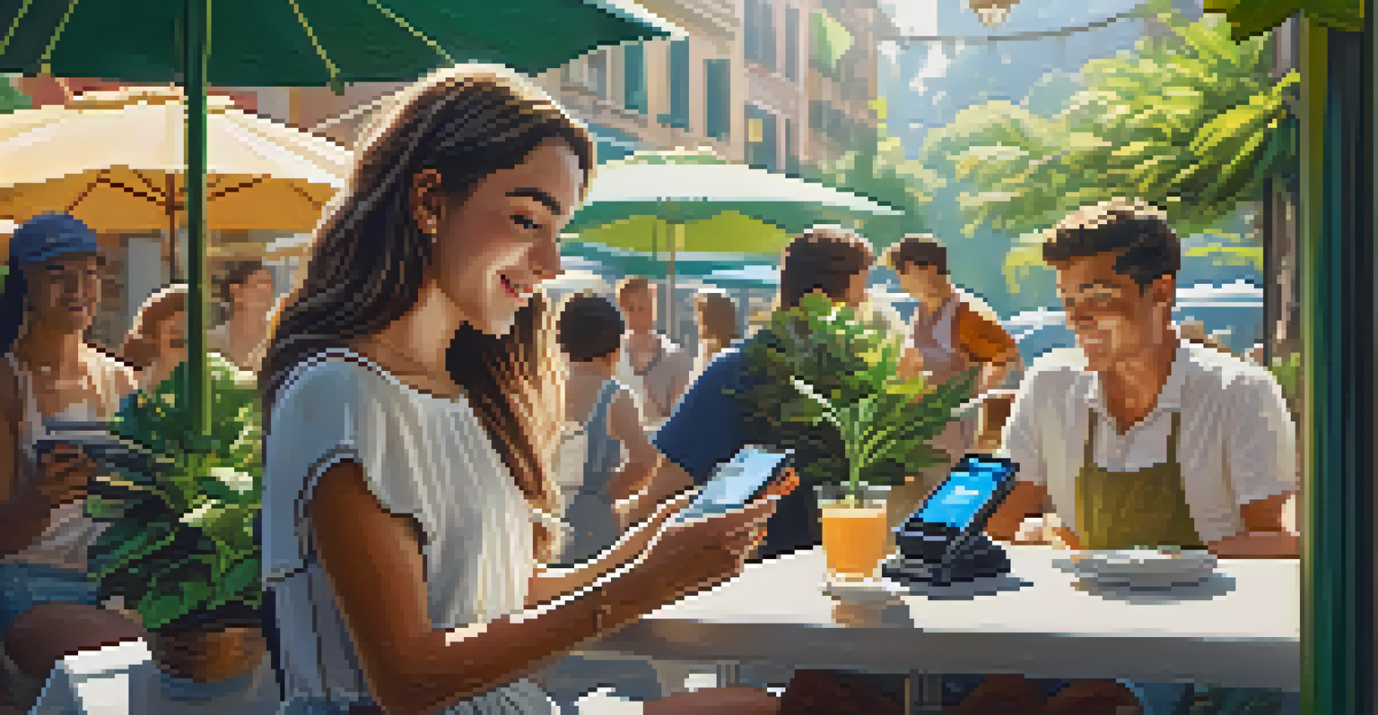 A young woman at an outdoor cafe using her smartphone to make a cryptocurrency payment, with a lively atmosphere and green plants in the background.