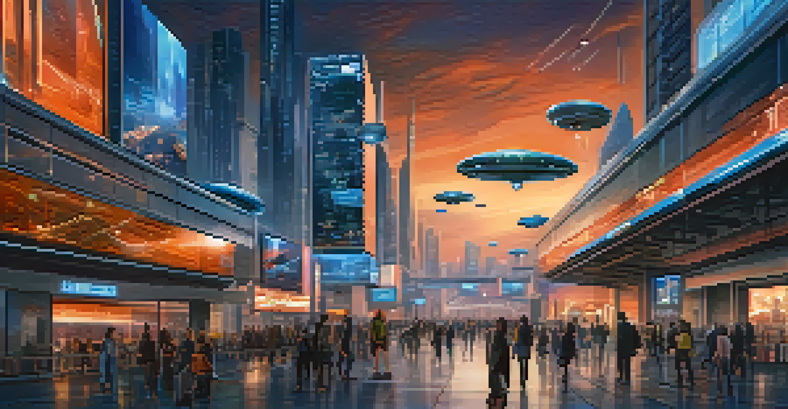 A futuristic city skyline at dusk with glowing buildings, flying drones, and people on walkways, showcasing a vibrant digital landscape.