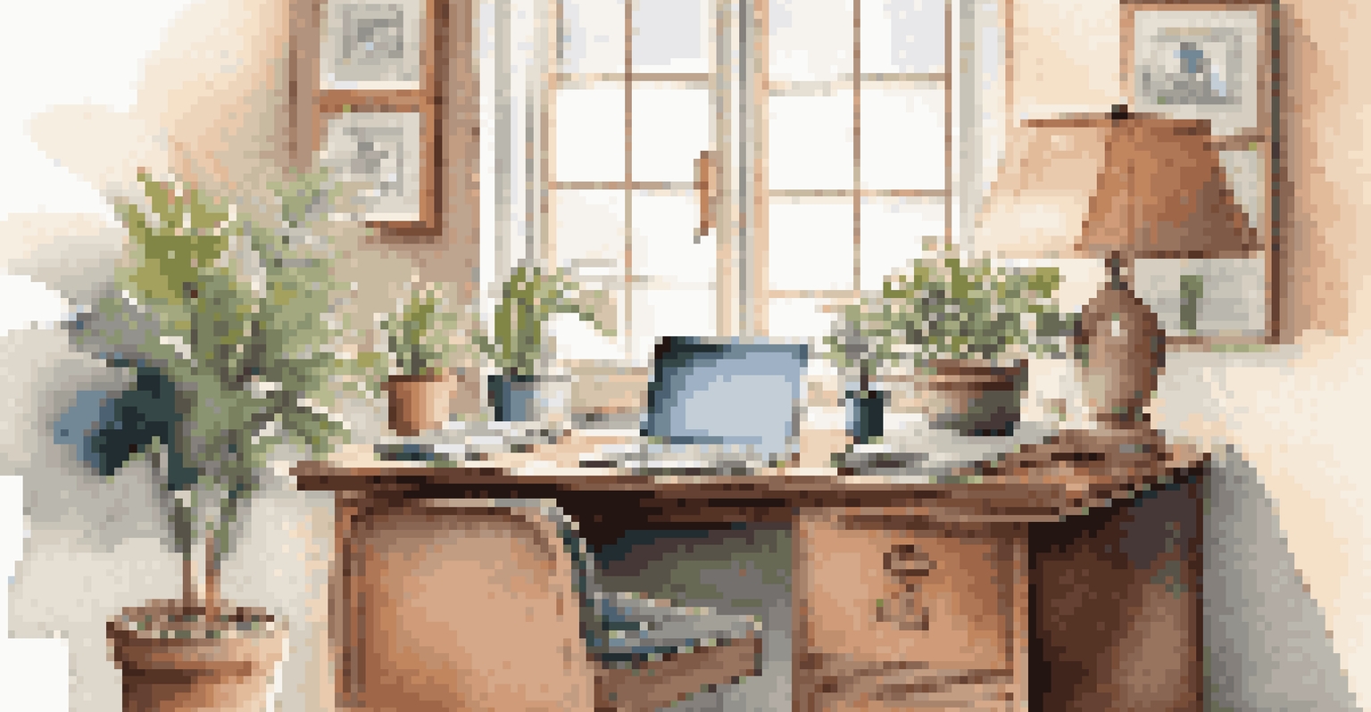 A cozy home office with a laptop and a locked box symbolizing encryption, illuminated by natural light and featuring a potted plant.