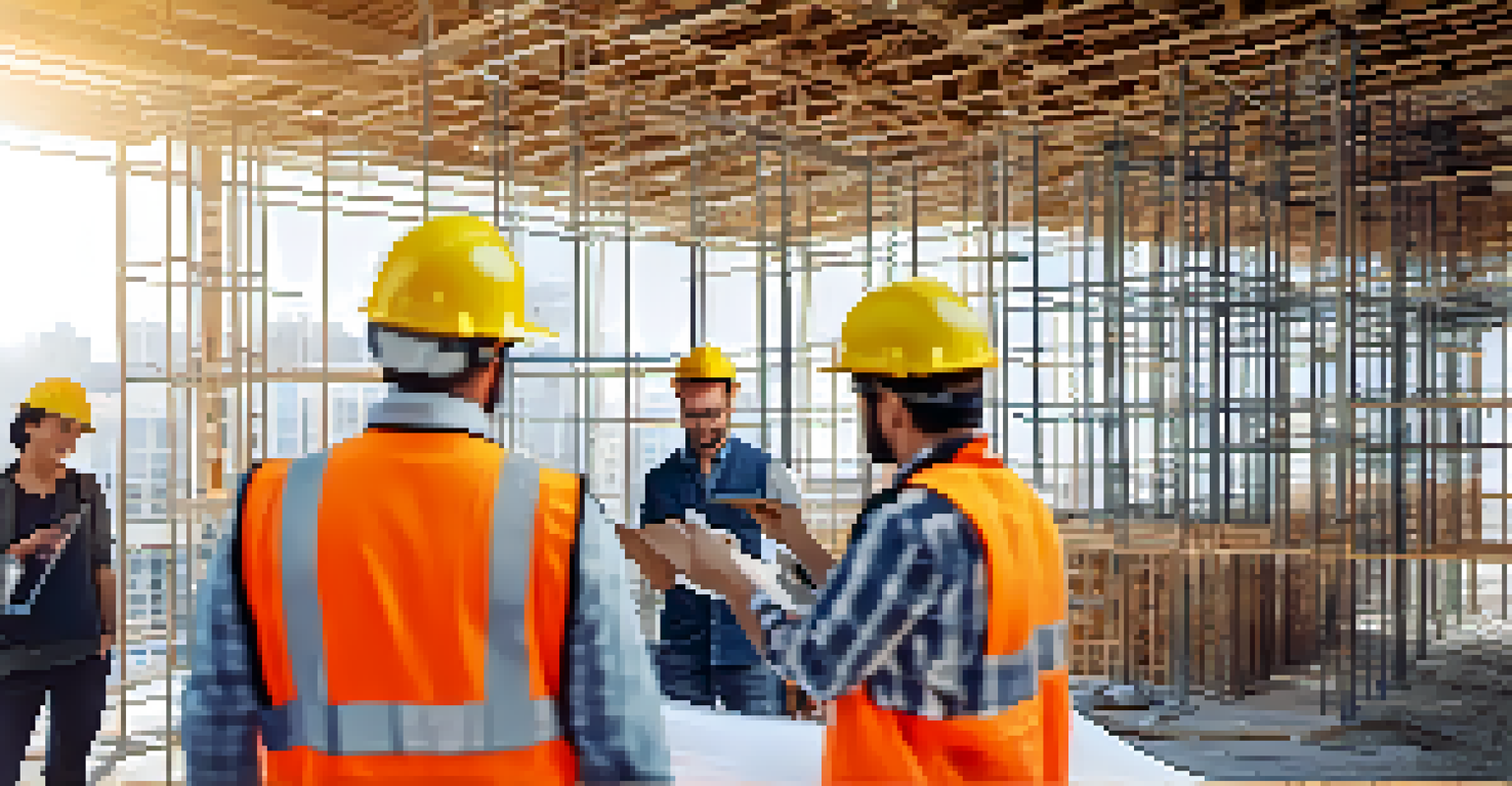Construction workers using augmented reality to visualize a building's digital twin on a construction site.