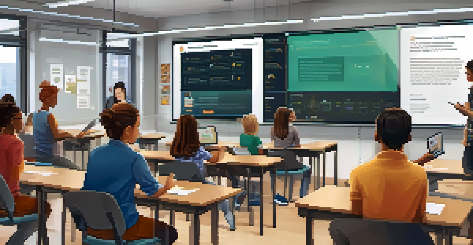 A classroom scene with a teacher explaining smart contracts to students using digital screens, showcasing a diverse group of young learners engaged in discussion.