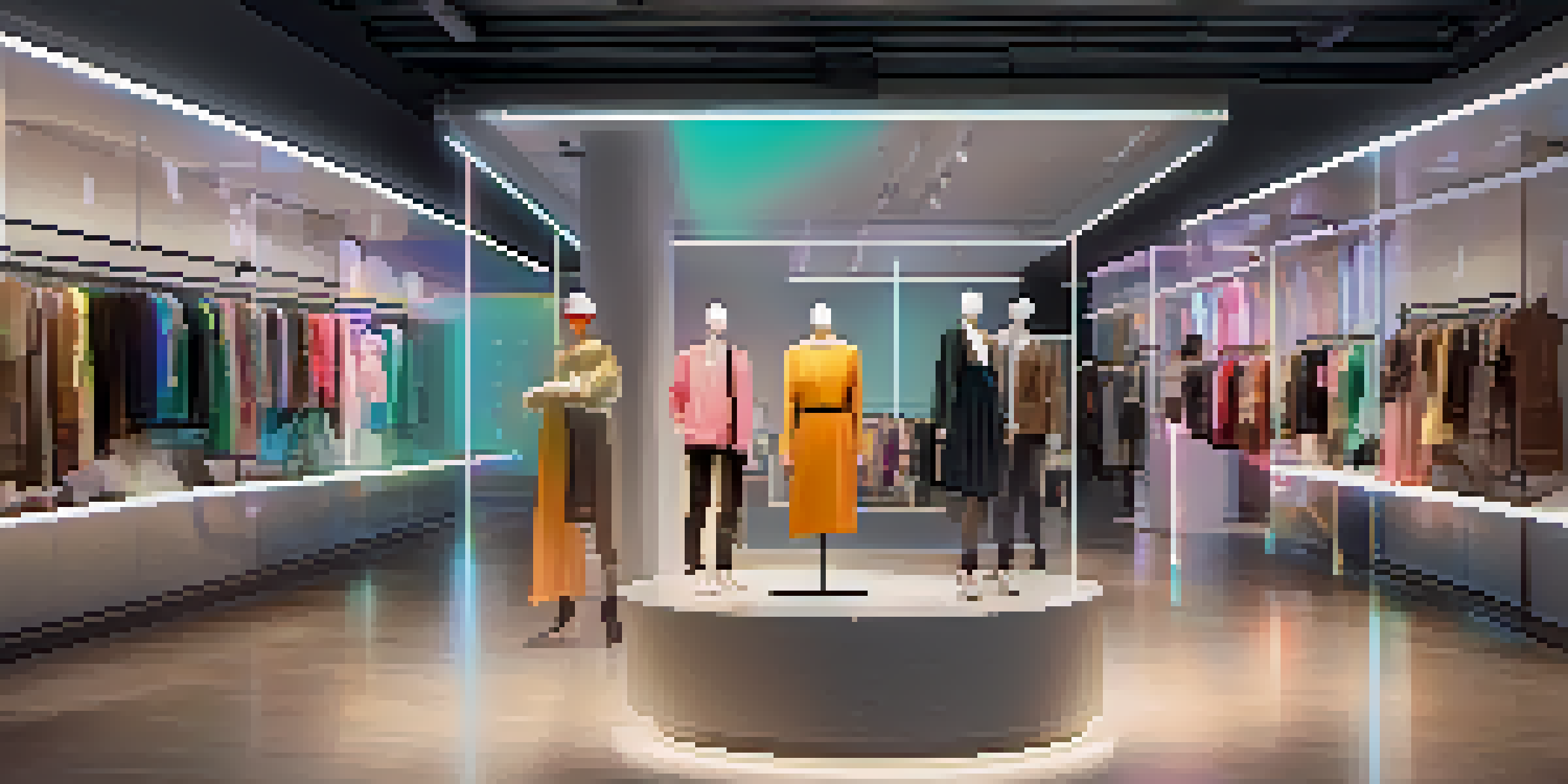 A retail store interior with customers using augmented reality to try on clothes virtually, showcasing colorful holograms of outfits.