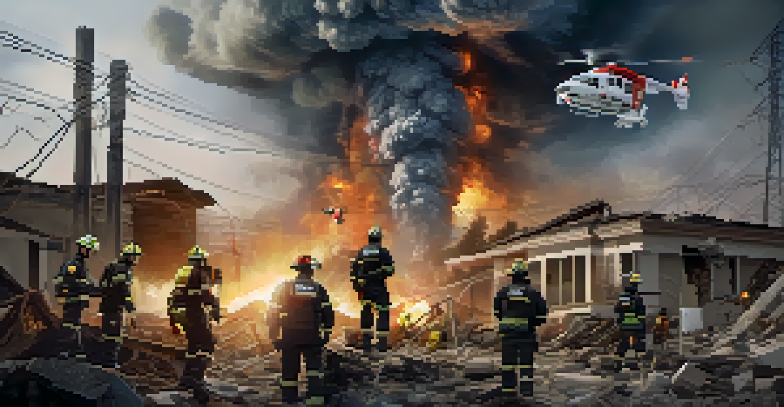 Emergency responders using IoT devices in a disaster area, checking real-time data on a tablet with drones overhead.