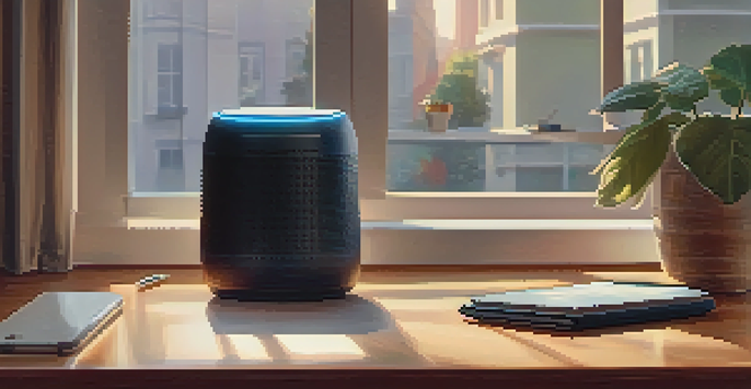 A modern voice assistant device on a wooden table with a coffee mug and notepad, illuminated by soft morning light.