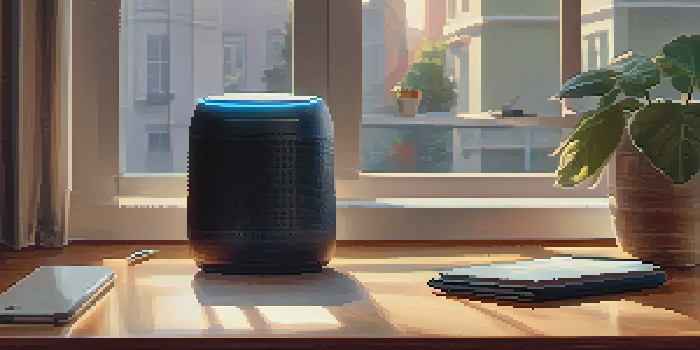 A modern voice assistant device on a wooden table with a coffee mug and notepad, illuminated by soft morning light.
