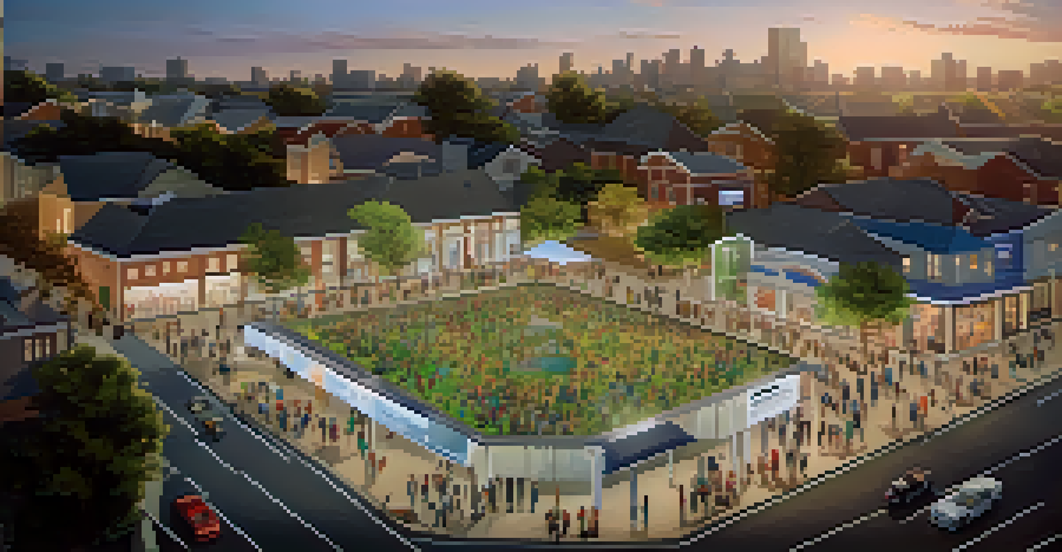 A community meeting with residents discussing urban planning projects displayed on a screen, viewed from above by a drone.