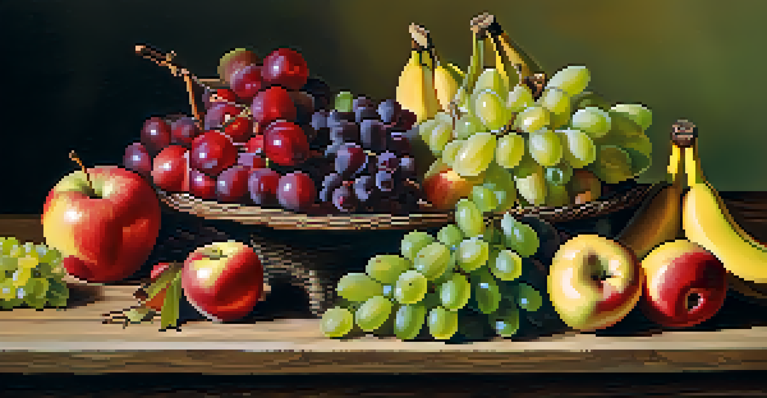 An artistic arrangement of colorful fruits on a wooden table.