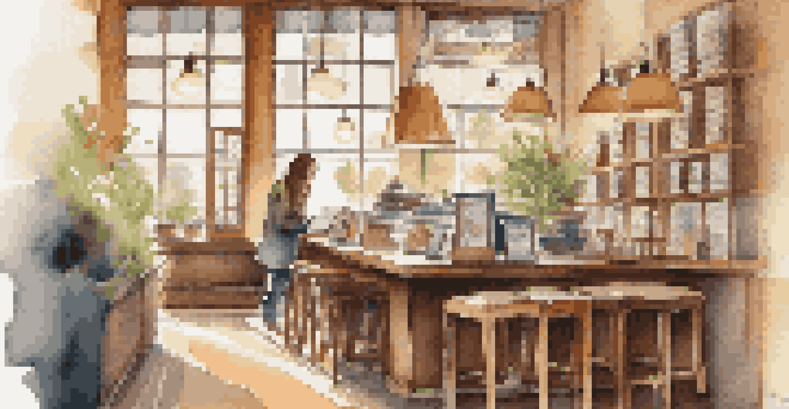 A person working on a laptop in a cozy coffee shop filled with warm light and books.