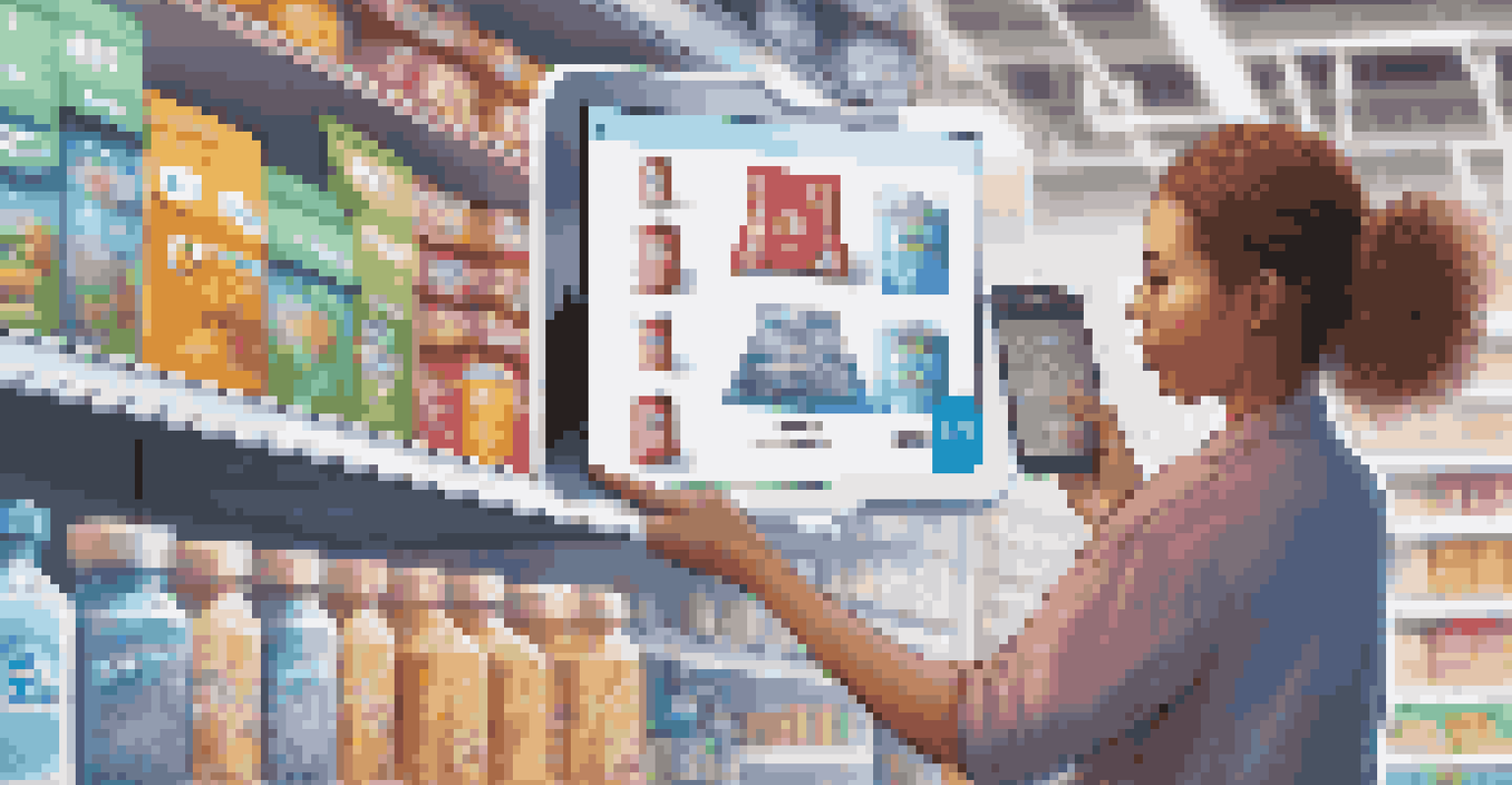 A person scanning a QR code on product packaging with a holographic display showing its supply chain journey in a bright store aisle.