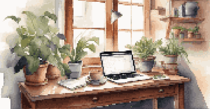A wooden desk with a laptop, potted plants, and a cup of coffee, illuminated by soft morning light.