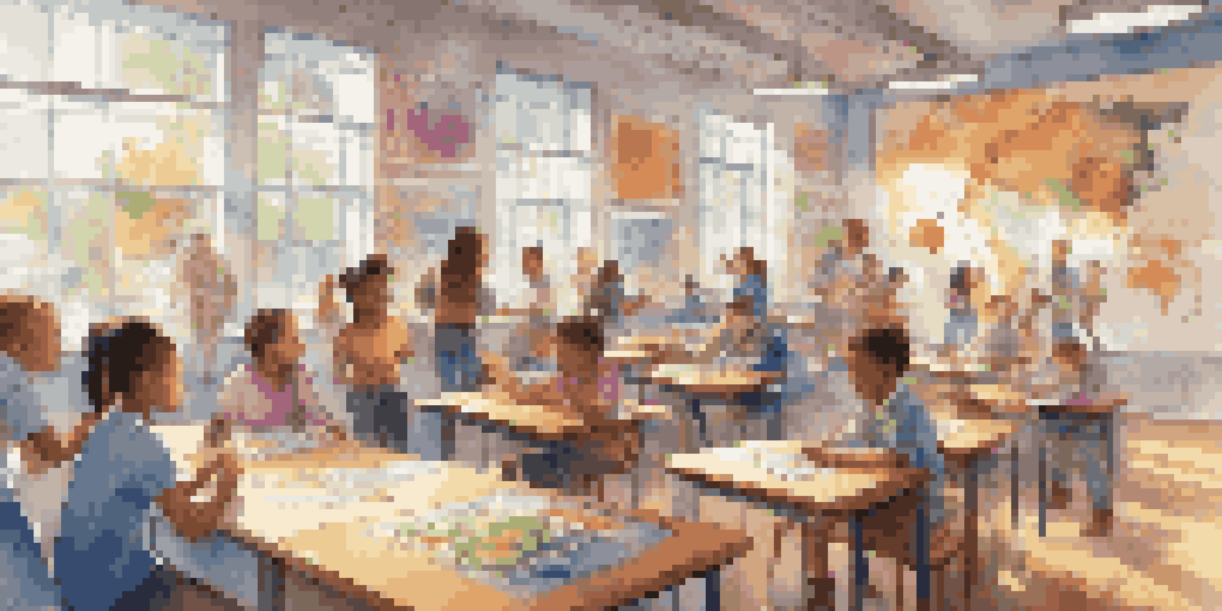 A lively classroom filled with students using tablets and engaging in group activities, surrounded by colorful educational materials and natural light.