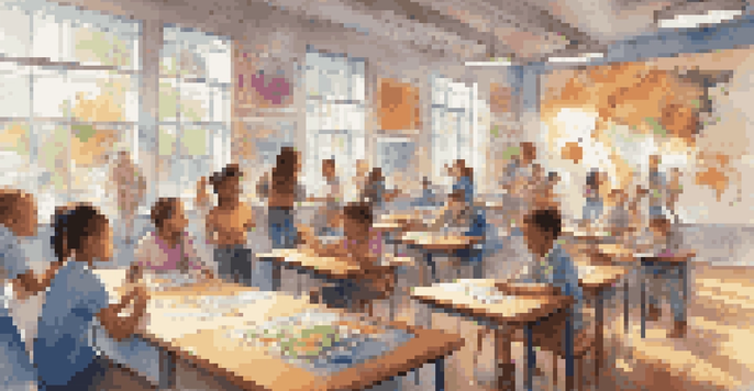 A lively classroom filled with students using tablets and engaging in group activities, surrounded by colorful educational materials and natural light.