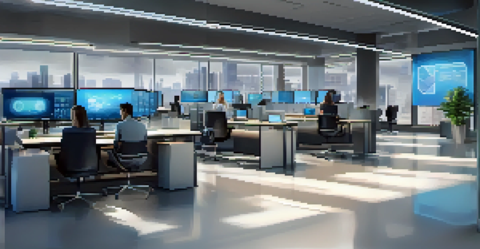 A modern office with futuristic edge devices, including IoT sensors and smart cameras, showcasing real-time data analytics.