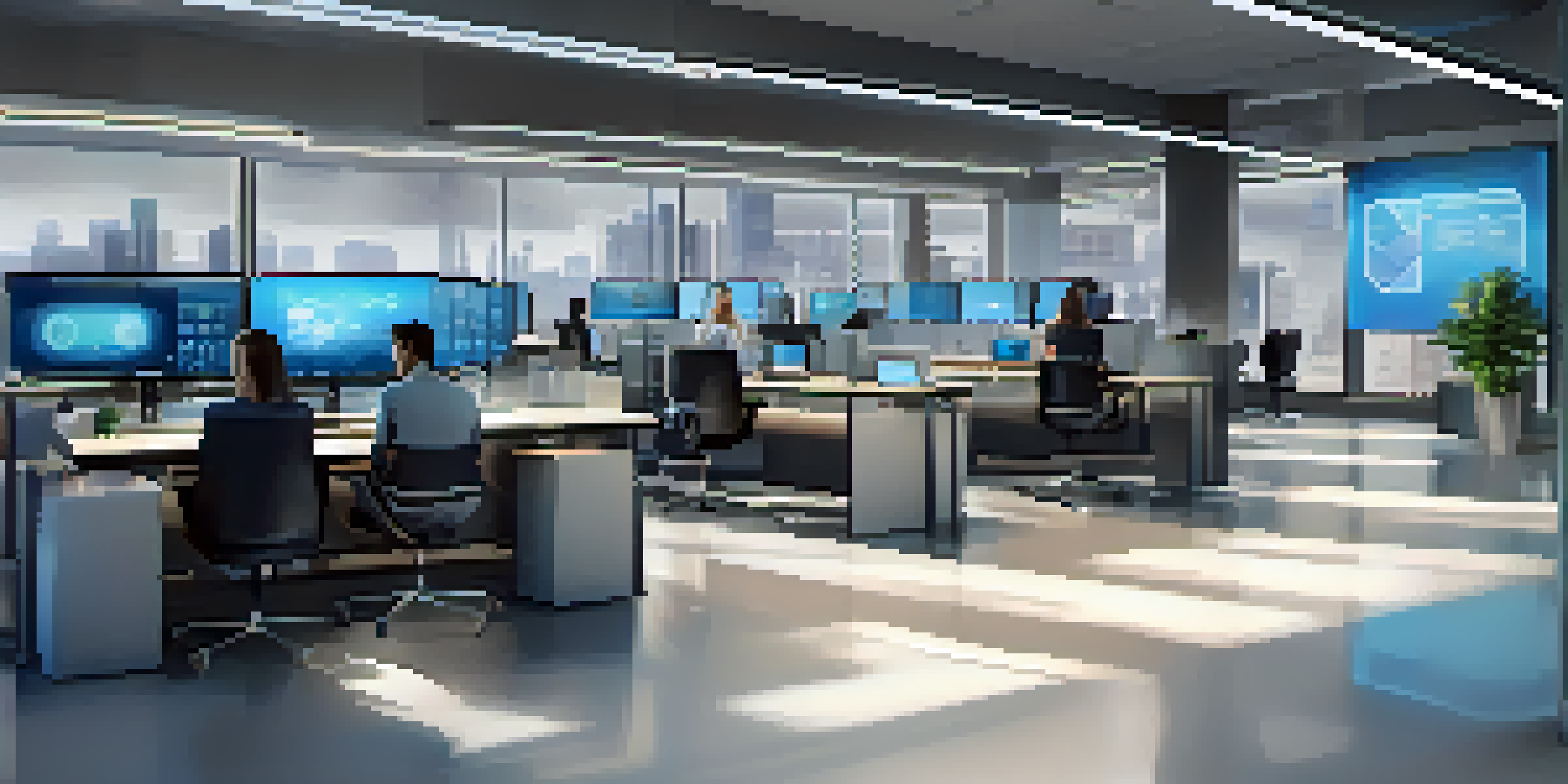 A modern office with futuristic edge devices, including IoT sensors and smart cameras, showcasing real-time data analytics.