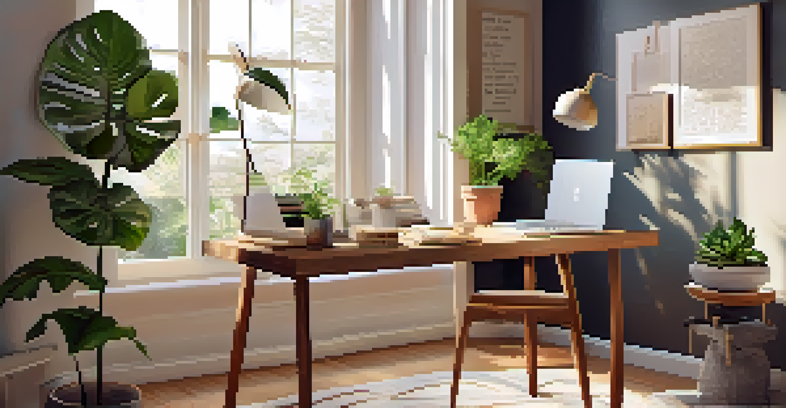 A warm and inviting home office with a laptop, coffee, and plants, illuminated by natural light.