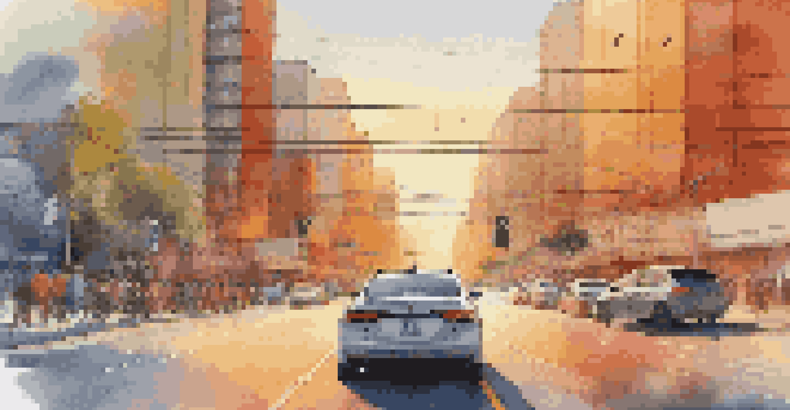 A self-driving car navigating a busy street with visual data overlays highlighting pedestrians and road signs, set against a sunset backdrop.