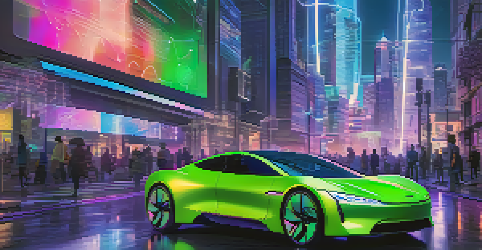 A futuristic representation of a digital twin of an electric vehicle with data analytics in a cityscape.