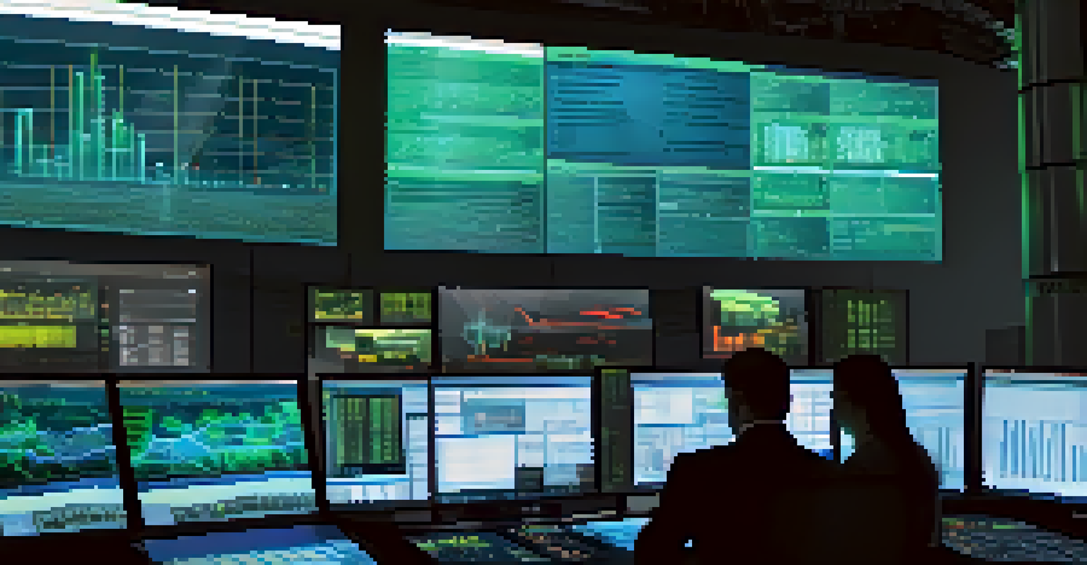 An industrial control room displaying digital twins of a power plant on a large screen, with engineers analyzing data.