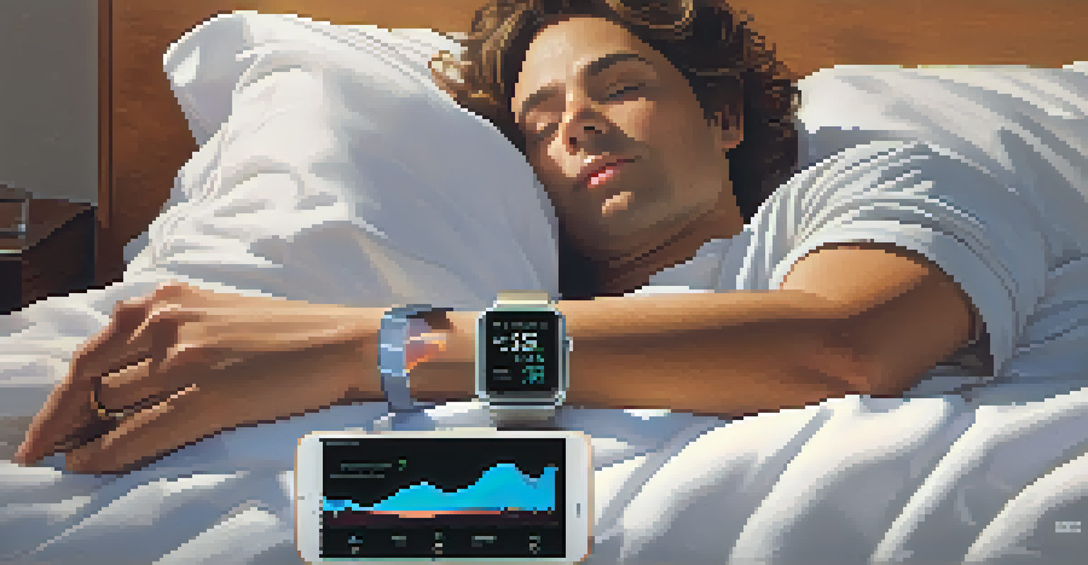 An individual in bed with a smartwatch showing sleep data, soft ambient lighting, and a bedside table with a book and water.