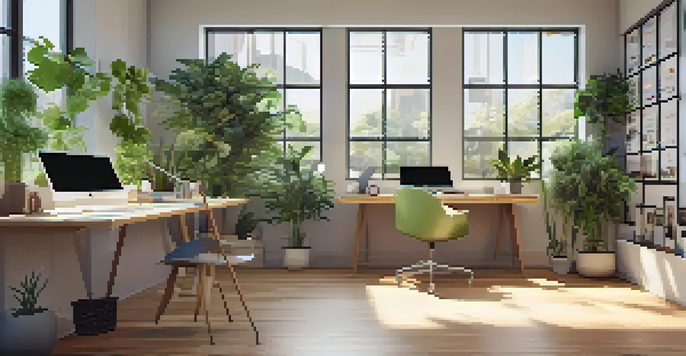 A bright and modern office with a desk, laptop, and plants, illuminated by sunlight through large windows.